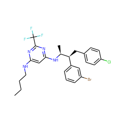 CCCCNc1cc(N[C@@H](C)[C@@H](Cc2ccc(Cl)cc2)c2cccc(Br)c2)nc(C(F)(F)F)n1 ZINC000043018975