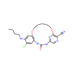 CCCCNc1cc2c(cc1Cl)NC(=O)Nc1cnc(C#N)c(n1)OCCCCCO2 ZINC000014958252