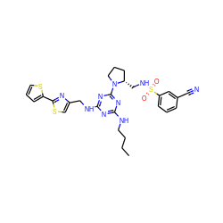 CCCCNc1nc(NCc2csc(-c3cccs3)n2)nc(N2CCC[C@@H]2CNS(=O)(=O)c2cccc(C#N)c2)n1 ZINC000095552108