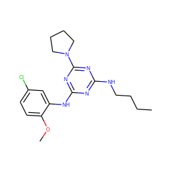 CCCCNc1nc(Nc2cc(Cl)ccc2OC)nc(N2CCCC2)n1 ZINC000014968024