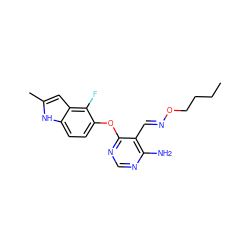 CCCCO/N=C/c1c(N)ncnc1Oc1ccc2[nH]c(C)cc2c1F ZINC000014949799