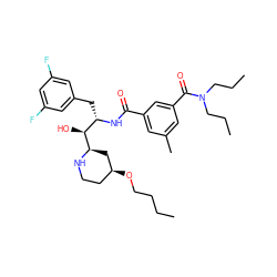 CCCCO[C@H]1CCN[C@@H]([C@@H](O)[C@H](Cc2cc(F)cc(F)c2)NC(=O)c2cc(C)cc(C(=O)N(CCC)CCC)c2)C1 ZINC000029128829