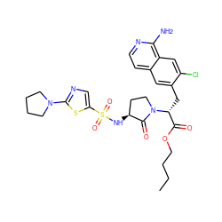 CCCCOC(=O)[C@@H](Cc1cc2ccnc(N)c2cc1Cl)N1CC[C@H](NS(=O)(=O)c2cnc(N3CCCC3)s2)C1=O ZINC000142553354