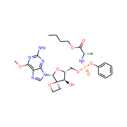 CCCCOC(=O)[C@H](C)N[P@](=O)(OC[C@H]1O[C@@H](n2cnc3c(OC)nc(N)nc32)[C@@]2(CCO2)[C@@H]1O)Oc1ccccc1 ZINC000103266468