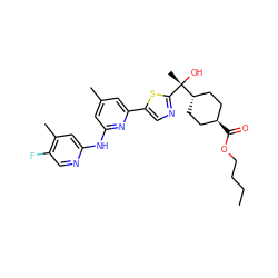 CCCCOC(=O)[C@H]1CC[C@H]([C@@](C)(O)c2ncc(-c3cc(C)cc(Nc4cc(C)c(F)cn4)n3)s2)CC1 ZINC001772654948