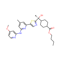 CCCCOC(=O)C1CCC([C@](C)(O)c2ncc(-c3cc(C)cc(Nc4cc(OC)ccn4)n3)s2)CC1 ZINC000223327248