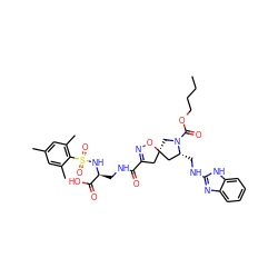 CCCCOC(=O)N1C[C@@]2(CC(C(=O)NC[C@H](NS(=O)(=O)c3c(C)cc(C)cc3C)C(=O)O)=NO2)C[C@H]1CNc1nc2ccccc2[nH]1 ZINC000027305574