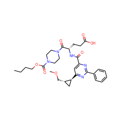 CCCCOC(=O)N1CCN(C(=O)[C@H](CCC(=O)O)NC(=O)c2cc([C@H]3C[C@@H]3COC)nc(-c3ccccc3)n2)CC1 ZINC000043208329