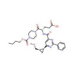 CCCCOC(=O)N1CCN(C(=O)[C@H](CCC(=O)O)NC(=O)c2cc([C@H]3C[C@H]3COC)nc(-c3ccccc3)n2)CC1 ZINC000043208331