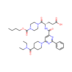 CCCCOC(=O)N1CCN(C(=O)[C@H](CCC(=O)O)NC(=O)c2cc(N3CCC(C(=O)N(CC)CC)CC3)nc(-c3ccccc3)n2)CC1 ZINC000049679377