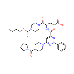 CCCCOC(=O)N1CCN(C(=O)[C@H](CCC(=O)O)NC(=O)c2cc(N3CCC(C(=O)N4CCCC4)CC3)nc(-c3ccccc3)n2)CC1 ZINC000049694487