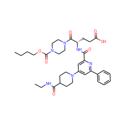 CCCCOC(=O)N1CCN(C(=O)[C@H](CCC(=O)O)NC(=O)c2cc(N3CCC(C(=O)NCC)CC3)cc(-c3ccccc3)n2)CC1 ZINC000049694512