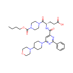 CCCCOC(=O)N1CCN(C(=O)[C@H](CCC(=O)O)NC(=O)c2cc(N3CCC(N4CCOCC4)CC3)nc(-c3ccccc3)n2)CC1 ZINC000049694376