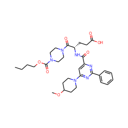 CCCCOC(=O)N1CCN(C(=O)[C@H](CCC(=O)O)NC(=O)c2cc(N3CCC(OC)CC3)nc(-c3ccccc3)n2)CC1 ZINC000049679497