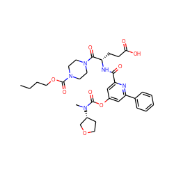 CCCCOC(=O)N1CCN(C(=O)[C@H](CCC(=O)O)NC(=O)c2cc(OC(=O)N(C)[C@@H]3CCOC3)cc(-c3ccccc3)n2)CC1 ZINC000049756397