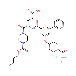 CCCCOC(=O)N1CCN(C(=O)[C@H](CCC(=O)O)NC(=O)c2cc(OC3CCN(C(=O)C(F)(F)F)CC3)cc(-c3ccccc3)n2)CC1 ZINC000049710447