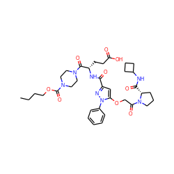 CCCCOC(=O)N1CCN(C(=O)[C@H](CCC(=O)O)NC(=O)c2cc(OCC(=O)N3CCC[C@H]3C(=O)NC3CCC3)n(-c3ccccc3)n2)CC1 ZINC000095556876