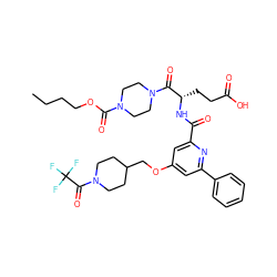 CCCCOC(=O)N1CCN(C(=O)[C@H](CCC(=O)O)NC(=O)c2cc(OCC3CCN(C(=O)C(F)(F)F)CC3)cc(-c3ccccc3)n2)CC1 ZINC000049762851