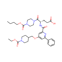 CCCCOC(=O)N1CCN(C(=O)[C@H](CCC(=O)O)NC(=O)c2cc(OCC3CCN(C(=O)OCC)CC3)cc(-c3ccccc3)n2)CC1 ZINC000049762937