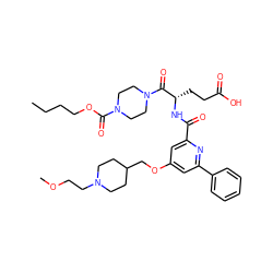 CCCCOC(=O)N1CCN(C(=O)[C@H](CCC(=O)O)NC(=O)c2cc(OCC3CCN(CCOC)CC3)cc(-c3ccccc3)n2)CC1 ZINC000049746130