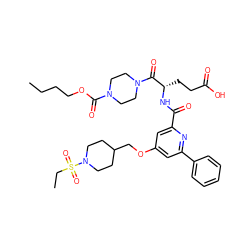 CCCCOC(=O)N1CCN(C(=O)[C@H](CCC(=O)O)NC(=O)c2cc(OCC3CCN(S(=O)(=O)CC)CC3)cc(-c3ccccc3)n2)CC1 ZINC000049762941