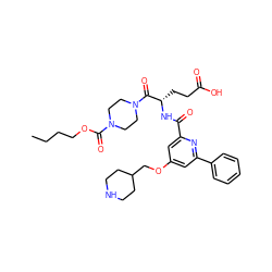 CCCCOC(=O)N1CCN(C(=O)[C@H](CCC(=O)O)NC(=O)c2cc(OCC3CCNCC3)cc(-c3ccccc3)n2)CC1 ZINC000049757260