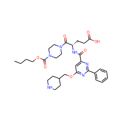 CCCCOC(=O)N1CCN(C(=O)[C@H](CCC(=O)O)NC(=O)c2cc(OCC3CCNCC3)nc(-c3ccccc3)n2)CC1 ZINC000049680001