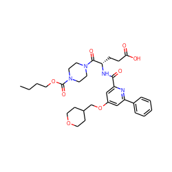 CCCCOC(=O)N1CCN(C(=O)[C@H](CCC(=O)O)NC(=O)c2cc(OCC3CCOCC3)cc(-c3ccccc3)n2)CC1 ZINC000049756391