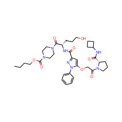 CCCCOC(=O)N1CCN(C(=O)[C@H](CCCO)NC(=O)c2cc(OCC(=O)N3CCC[C@H]3C(=O)NC3CCC3)n(-c3ccccc3)n2)CC1 ZINC000095554824