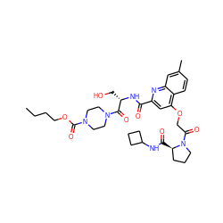 CCCCOC(=O)N1CCN(C(=O)[C@H](CO)NC(=O)c2cc(OCC(=O)N3CCC[C@H]3C(=O)NC3CCC3)c3ccc(C)cc3n2)CC1 ZINC000169701302