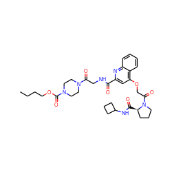 CCCCOC(=O)N1CCN(C(=O)CNC(=O)c2cc(OCC(=O)N3CCC[C@H]3C(=O)NC3CCC3)c3ccccc3n2)CC1 ZINC000141059114