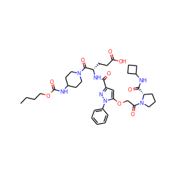 CCCCOC(=O)NC1CCN(C(=O)[C@H](CCC(=O)O)NC(=O)c2cc(OCC(=O)N3CCC[C@H]3C(=O)NC3CCC3)n(-c3ccccc3)n2)CC1 ZINC000095554457