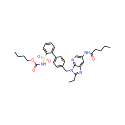 CCCCOC(=O)NS(=O)(=O)c1ccccc1-c1ccc(Cn2c(CC)nc3cc(NC(=O)CCCC)cnc32)cc1 ZINC000026279695