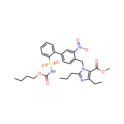 CCCCOC(=O)NS(=O)(=O)c1ccccc1-c1ccc(Cn2c(CCC)nc(CC)c2C(=O)OC)c([N+](=O)[O-])c1 ZINC000026152501