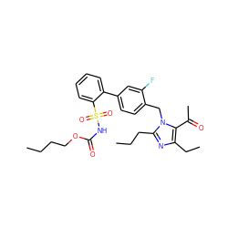 CCCCOC(=O)NS(=O)(=O)c1ccccc1-c1ccc(Cn2c(CCC)nc(CC)c2C(C)=O)c(F)c1 ZINC000003944637