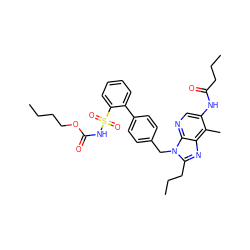 CCCCOC(=O)NS(=O)(=O)c1ccccc1-c1ccc(Cn2c(CCC)nc3c(C)c(NC(=O)CCC)cnc32)cc1 ZINC000026279676