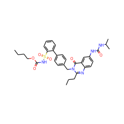 CCCCOC(=O)NS(=O)(=O)c1ccccc1-c1ccc(Cn2c(CCC)nc3ccc(NC(=O)NC(C)C)cc3c2=O)cc1 ZINC000003842961