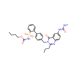 CCCCOC(=O)NS(=O)(=O)c1ccccc1-c1ccc(Cn2c(CCC)nc3ccc(NC(=O)NC)cc3c2=O)cc1 ZINC000003842963