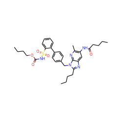 CCCCOC(=O)NS(=O)(=O)c1ccccc1-c1ccc(Cn2c(CCCC)nc3cc(NC(=O)CCCC)c(C)nc32)cc1 ZINC000003980939