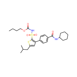 CCCCOC(=O)NS(=O)(=O)c1sc(CC(C)C)cc1-c1ccc(C(=O)NC2CCCCC2)cc1 ZINC000040412164