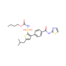 CCCCOC(=O)NS(=O)(=O)c1sc(CC(C)C)cc1-c1ccc(C(=O)Nc2nccs2)cc1 ZINC000040936647