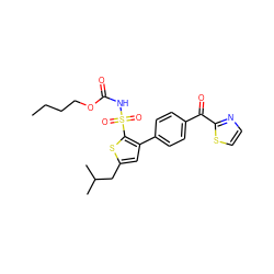 CCCCOC(=O)NS(=O)(=O)c1sc(CC(C)C)cc1-c1ccc(C(=O)c2nccs2)cc1 ZINC000038804893