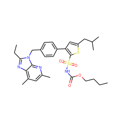 CCCCOC(=O)NS(=O)(=O)c1sc(CC(C)C)cc1-c1ccc(Cn2c(CC)nc3c(C)cc(C)nc32)cc1 ZINC000003918293