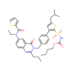 CCCCOC(=O)NS(=O)(=O)c1sc(CC(C)C)cc1-c1ccc(Cn2c(CCC)nc3ccc(N(CC)C(=O)c4cccs4)cc3c2=O)cc1 ZINC000095608865