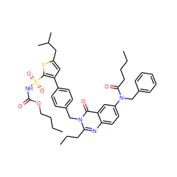 CCCCOC(=O)NS(=O)(=O)c1sc(CC(C)C)cc1-c1ccc(Cn2c(CCC)nc3ccc(N(Cc4ccccc4)C(=O)CCCC)cc3c2=O)cc1 ZINC000095614615