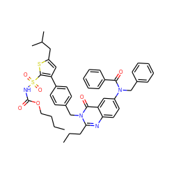 CCCCOC(=O)NS(=O)(=O)c1sc(CC(C)C)cc1-c1ccc(Cn2c(CCC)nc3ccc(N(Cc4ccccc4)C(=O)c4ccccc4)cc3c2=O)cc1 ZINC000095608897