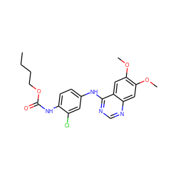 CCCCOC(=O)Nc1ccc(Nc2ncnc3cc(OC)c(OC)cc23)cc1Cl ZINC000084587171