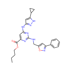 CCCCOC(=O)c1cc(Nc2cc(C3CC3)[nH]n2)nc(NCc2cc(-c3ccccc3)no2)n1 ZINC000203005416