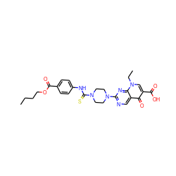 CCCCOC(=O)c1ccc(NC(=S)N2CCN(c3ncc4c(=O)c(C(=O)O)cn(CC)c4n3)CC2)cc1 ZINC000017527799