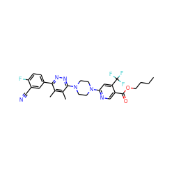 CCCCOC(=O)c1cnc(N2CCN(c3nnc(-c4ccc(F)c(C#N)c4)c(C)c3C)CC2)cc1C(F)(F)F ZINC000201144925